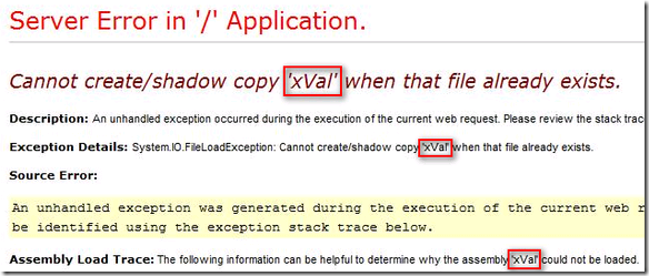 Cannot create/shadow copy 'xVal' when that file already exists.