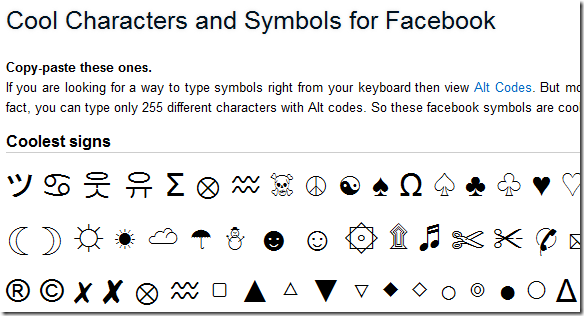 Cool Characters and Symbols for Facebook
