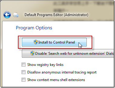 Default Programs Editor -> Options -> Install to Control Panel