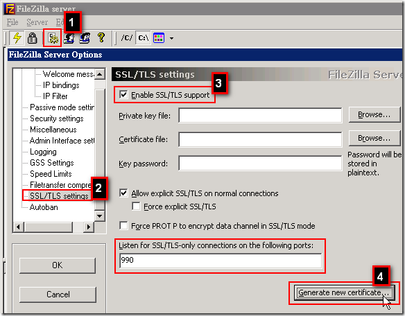 FileZilla Server: 先啟用 SSL/TLS 支援，然後建立一個測試用憑證