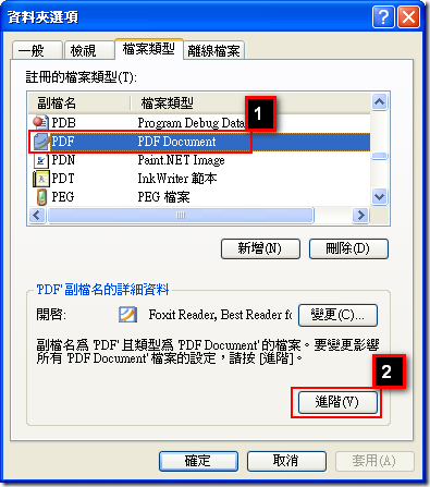 資料夾選項: 然後選取 檔案類型（以副檔名來選取），並按下「進階」按鈕。