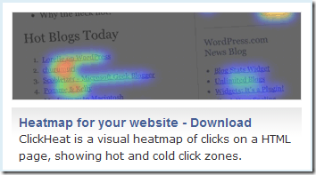 ClickHeat is a visual heatmap of clicks on a HTML page, showing hot and cold click zones.