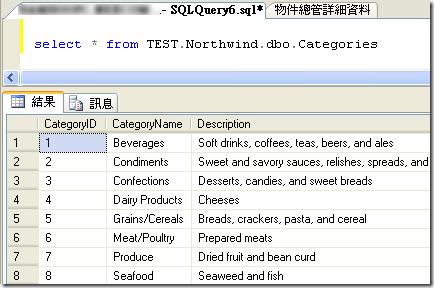那如果要下 T-SQL 查詢連結的伺服器中資料庫的資料，就可以用以下語法直接查詢：