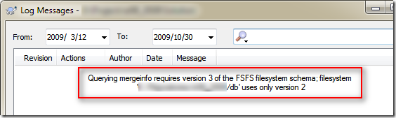 Querying mergeinfo requires version 3 of the FSFS filesystem schema; filesystem uses only version 2