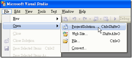 Visual Studio - [File] / [Open] / [Project/Solution] 