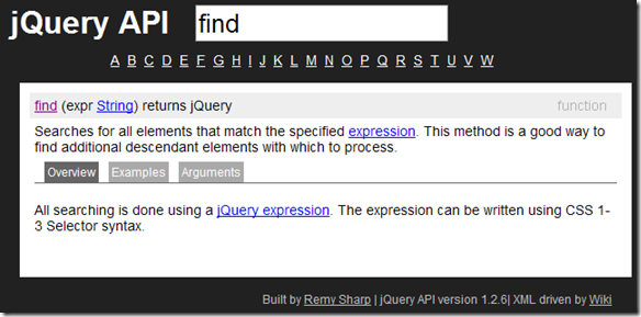 jQuery API browser