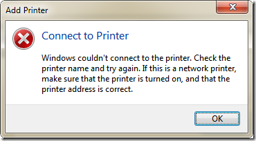 選取失敗時會出現以下錯誤: Connect to Printer