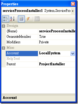 設定 serviceProcessInstaller1 的啟動帳戶(Account)