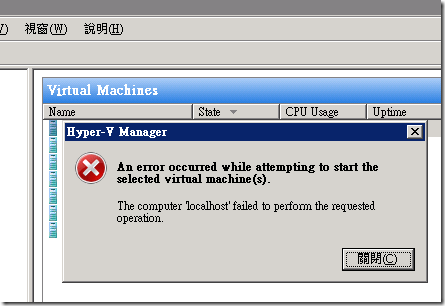 Hyper-V Manager: An error occurred while attempting to start the selected virtual machine(s).  The computer 'localhost' failed to perform the requested operation.