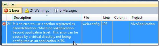 It is an error to use a section registered as allowDefinition='MachineToApplication' beyond application level.  This error can be caused by a virtual directory not being configured as an application in IIS.