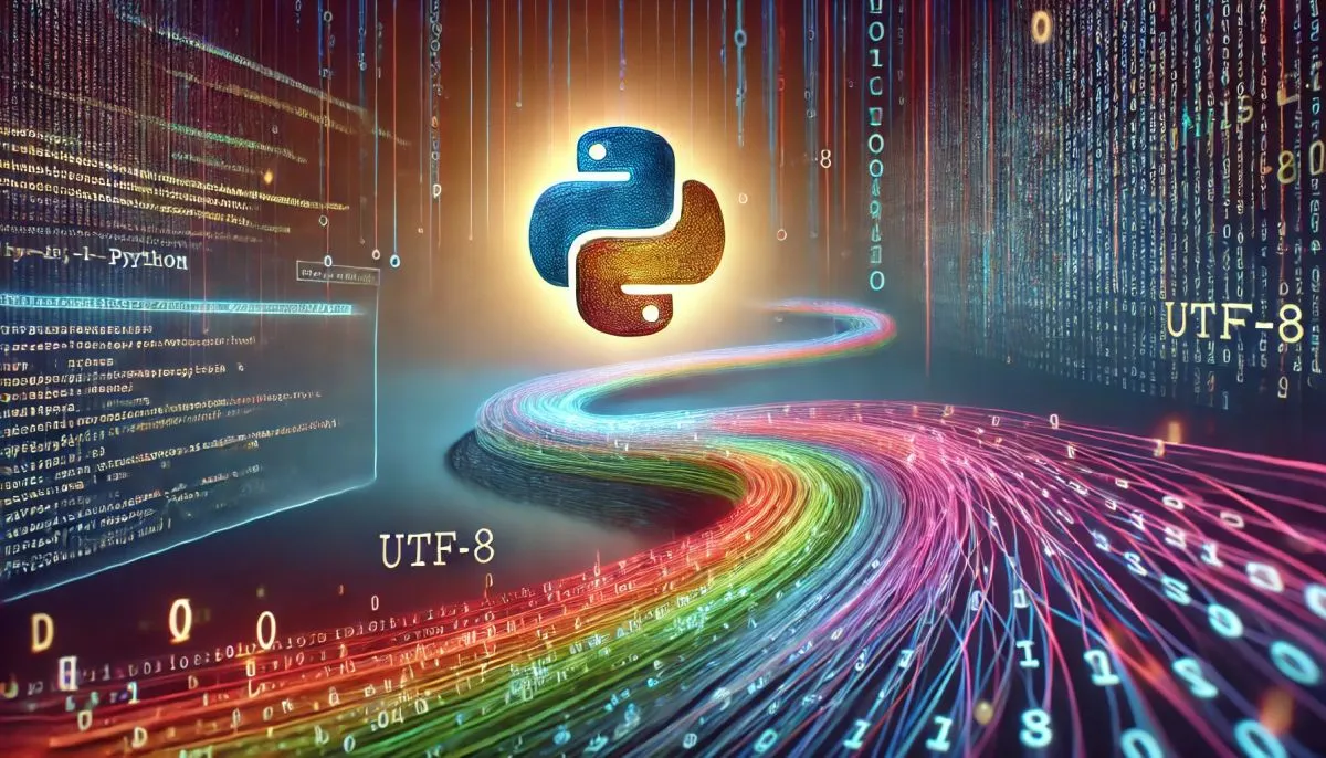 illustrating the complexities of handling UTF-8 encoding in Python  The scene depicts colorful, interwoven binary code st