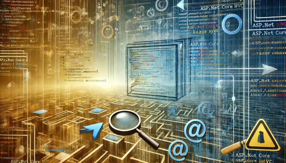 A wide abstract conceptual image representing coding challenges in ASP NET Core MVC with Razor syntax, featuring a maze-like structure of interconnect