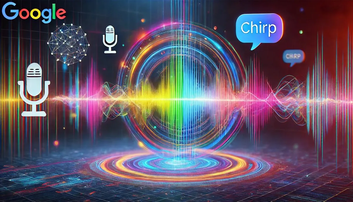 An abstract digital illustration representing Google's Chirp speech model for high-quality speech recognition.