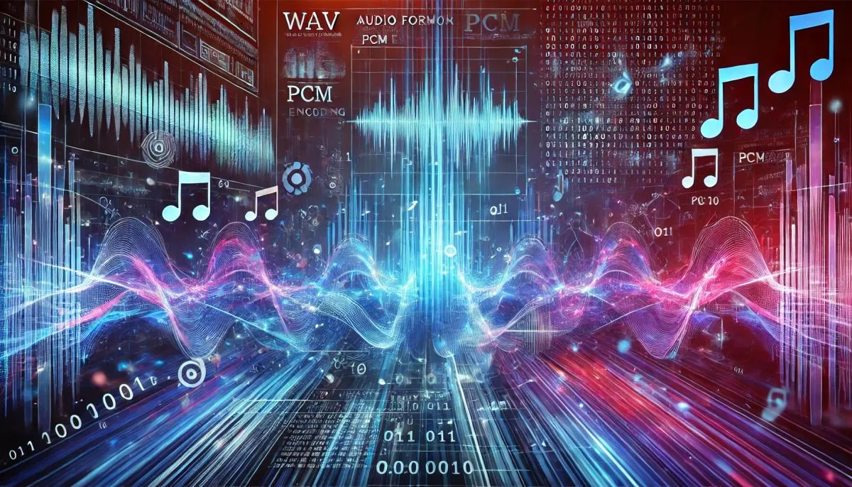 An abstract digital artwork representing WAV audio format and PCM encoding. The image features a blend of sound waveforms, binary code, and mathematic