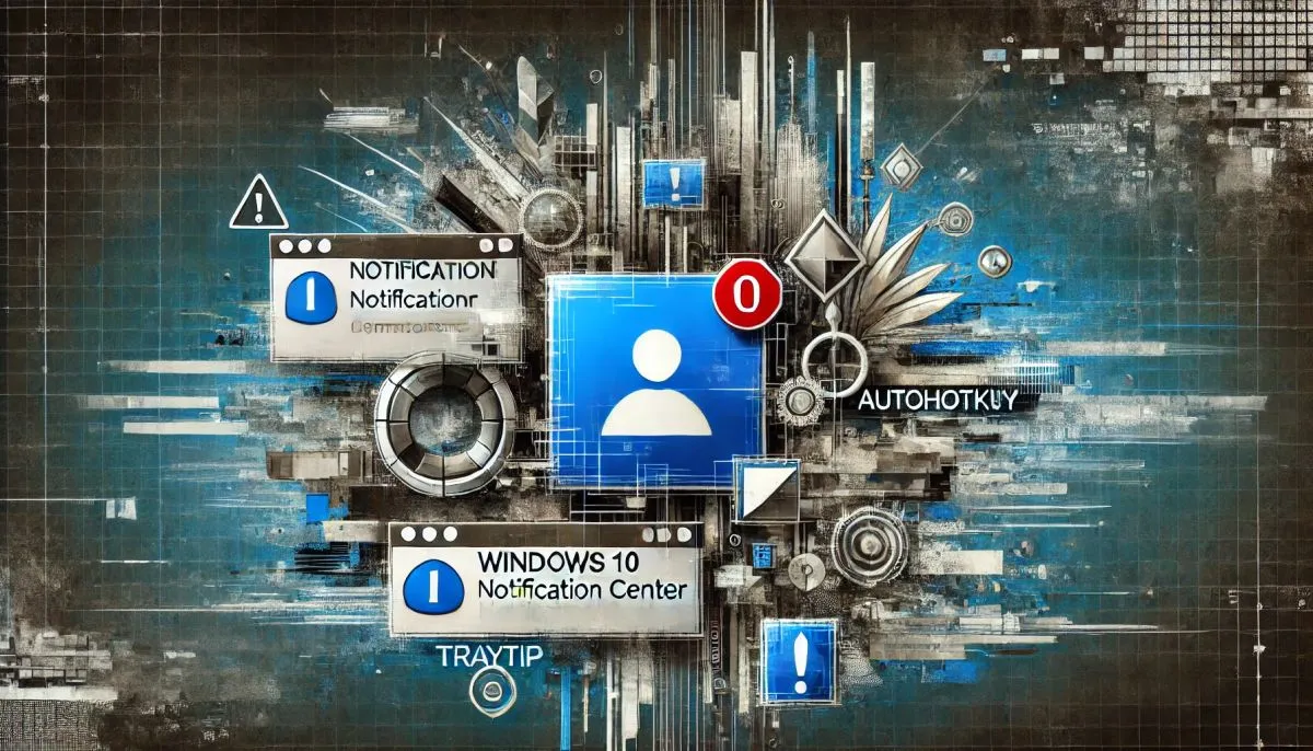 An abstract and conceptual image representing Windows 10 notification center issues with AutoHotkey's TrayTip command  The image should feature elemen