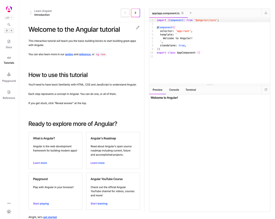 新的 Angular 課程的螢幕截圖：Angular.dev/tutorials/learn-angular