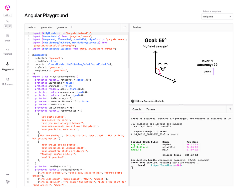 在 Angular Playground 中編寫的 Angular 遊戲的螢幕截圖：angular.dev/playground