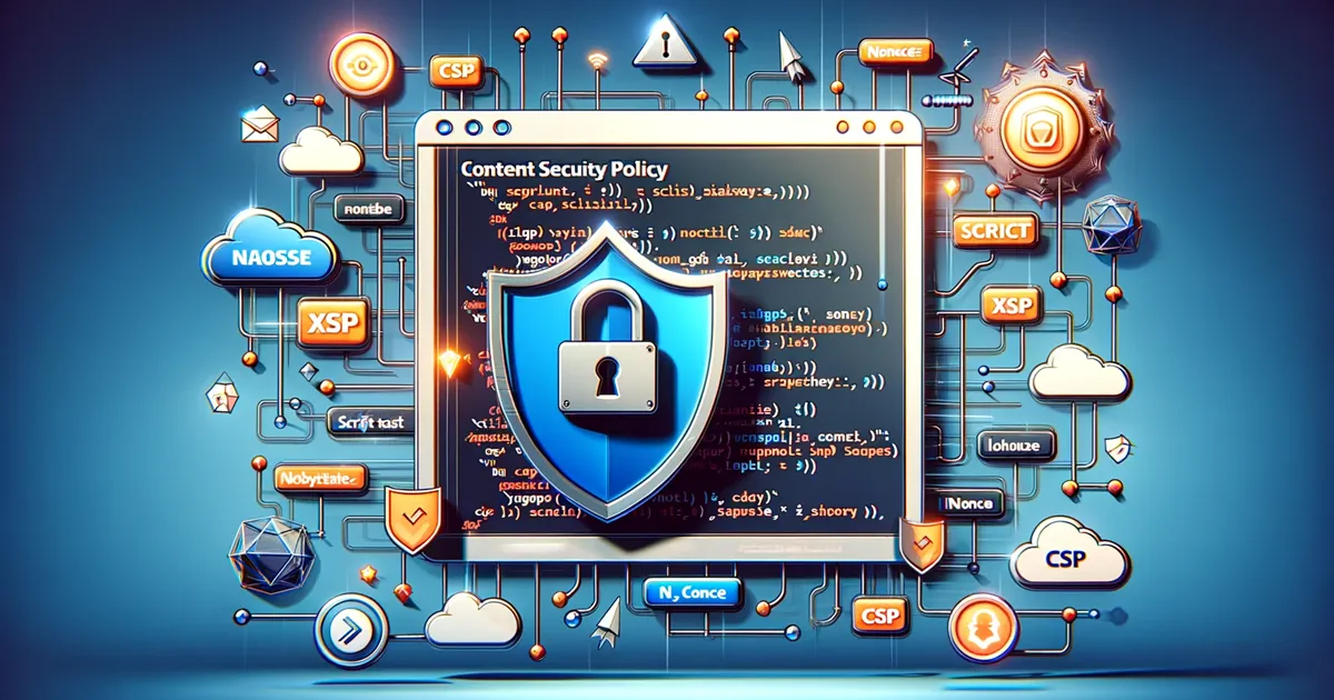 A wide banner image illustrating the concept of Content Security Policy (CSP) in website security, with visual metaphors for implementing inline script