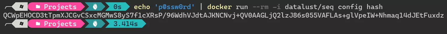 echo 'p@ssw0rd' | docker run --rm -i datalust/seq config hash