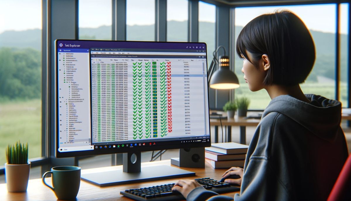 A wide image depicting a programmer in a modern, well-lit office, using Visual Studio Code on a large monitor  The focus is on the screen, which shows