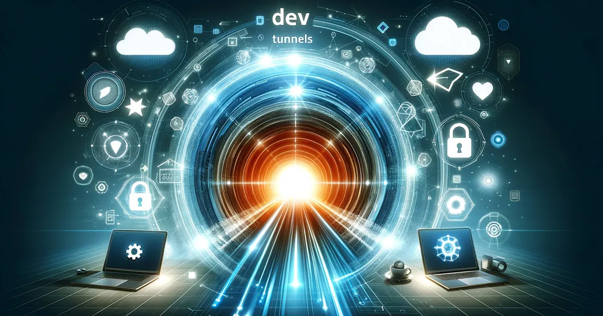 A wide banner image featuring a visual metaphor for Dev Tunnels service  A bright, modern tunnel of light and data representing a secure connection fr