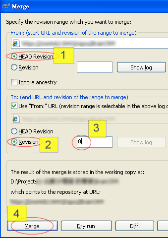 在 From: 的地方選取 "HEAD Revision" ，在 To: 的地方選取 Revision 並設定到你想要還原到的版本編號 ( 此範例是 8 )，最後按下 Merge 按鈕