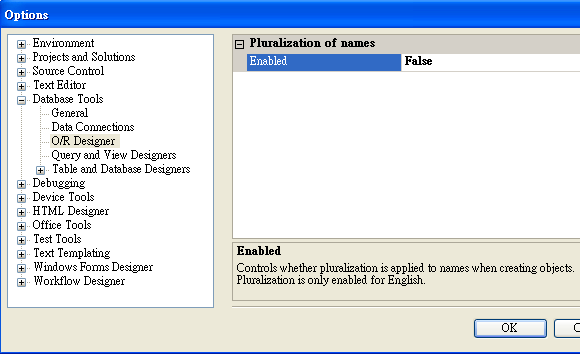 在 Visual Studio 2008 中可以關閉 Pluralization of names 設定