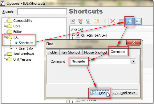 從左側選單找到 IDE 目錄下的 Shortcuts 項目，並點擊「搜尋」圖示，再切換至 Command 頁籤，並在 Command 輸入(或選取) Navigate 後按下 [Find] 按鈕