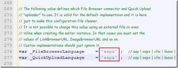 要在 ASP.NET 中啟用檔案上傳功能，至少需在 fckeditor\fckconfig.js 檔將 _FileBrowserLanguage 與 _QuickUploadLanguage 設定修改成 aspx 才能用，因為這兩個選項的預設值為 php。