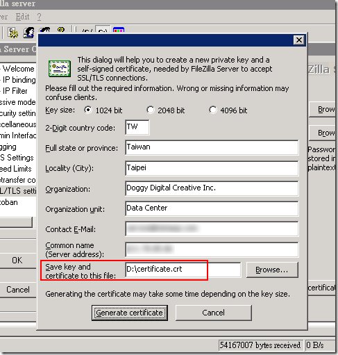 輸入一些基本資料，如果這台 FTP 是自己用的，就不用講究這麼多啦，隨便填一填，最後要指定儲存憑證的檔名與路徑，再按下 Generate certificate 即可。