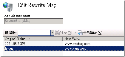 接著我自己新增一筆 Rewrite Map Entry，在 Original Value 的地方我設定成 testarr ( 這是一個不存在的網域，所以我有在我本機的 hosts 檔案設定這筆紀錄 )，在 New Value 的地方設定成另一個網站網址。