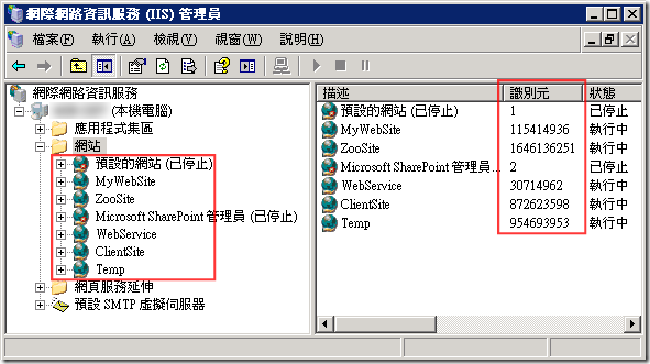 由於 [預設的網站] 的 識別元(Identity) 編號預設就是 1，這部分你在 Windows Server 2003 的 IIS6 就可以看的到