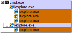 若你使用 iexplore.exe -nomerge 開啟 IE 你從 Process Explorer 可以發現你會產生不同的獨立 IE 父程序