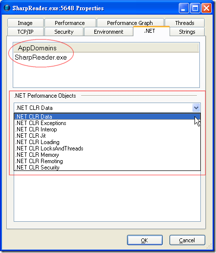在 Process Explorer 上雙擊 SharpReader.exe 出現 Properties 視窗，然後點選 .NET 頁籤