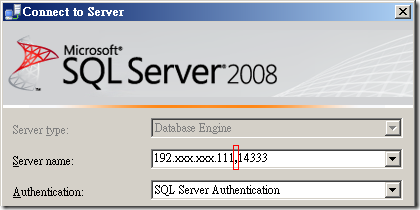 在 SQL Server Management Studio 中要連接非 1433 的 Port 必須使用逗號 ( , )當成分隔符號，才能夠正確連到遠端電腦。