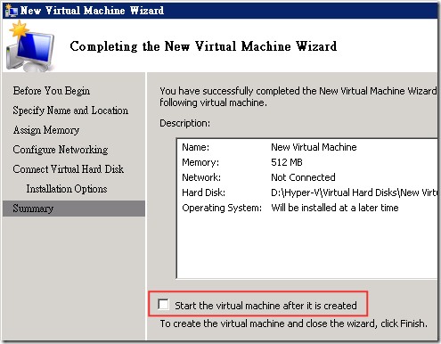 新增 Virtual Machine 的時候，在 Configure Networking 的時候，可以先不用選網卡，反正最後會先移掉，設定到最後一個步驟的時候，先不要直接啟用 Virtual Machine