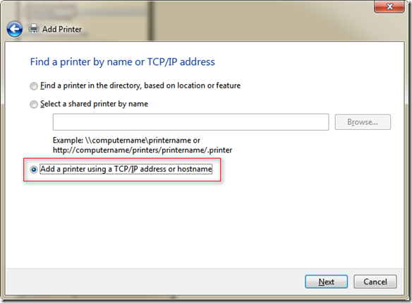 選取 [Add a printer using a TCP/IP address or hostname]