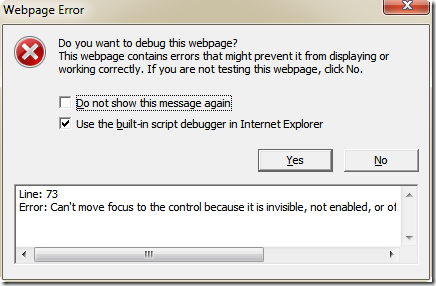 Error: Can't move focus to the control because it is invisible, not enabled, or of type that does not accept focus