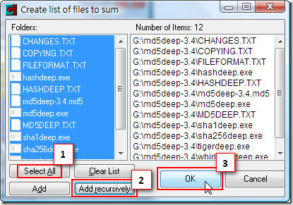 Create list of files to sum